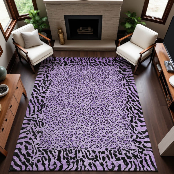 HomeRoots 8' Purple and Black Animal Print Area Rug - Washable, UV Protected, Durable for High-Traffic Spaces 692056