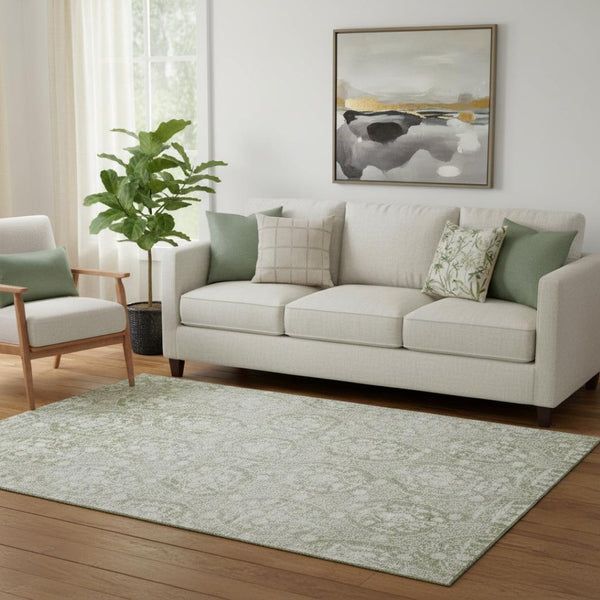 HomeRoots 5' X 8' Artichoke Green & Ivory Damask Area Rug - Stylish, Washable, UV-Protected for High-Traffic Spaces 692060