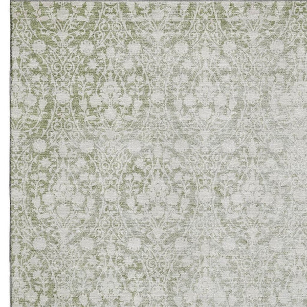 HomeRoots 5' X 8' Artichoke Green & Ivory Damask Area Rug - Stylish, Washable, UV-Protected for High-Traffic Spaces 692060