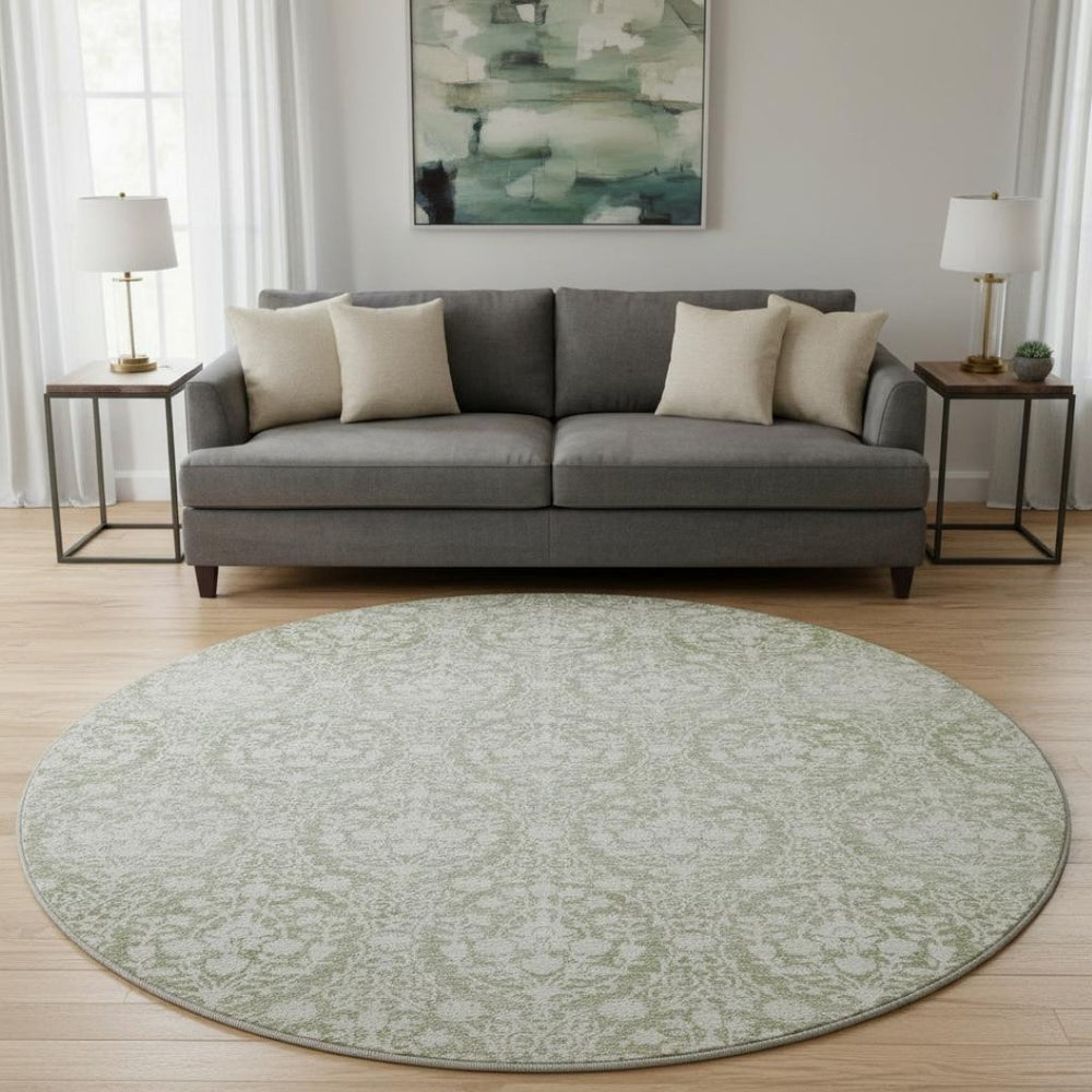 HomeRoots 8' X 8' Artichoke Green & Ivory Damask Washable Round Rug with UV Protection for Stylish Spaces 692061