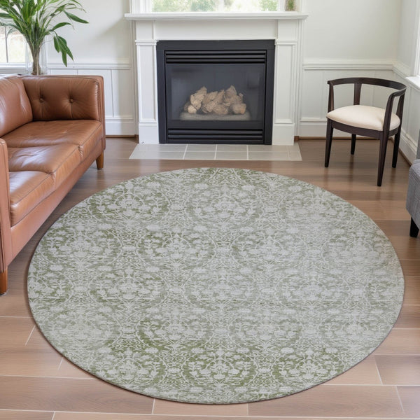HomeRoots 8' X 8' Artichoke Green & Ivory Damask Washable Round Rug with UV Protection for Stylish Spaces 692061