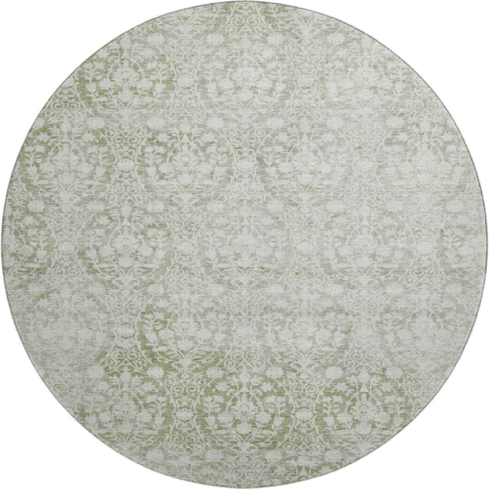 HomeRoots 8' X 8' Artichoke Green & Ivory Damask Washable Round Rug with UV Protection for Stylish Spaces 692061