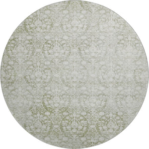 HomeRoots 8' X 8' Artichoke Green & Ivory Damask Washable Round Rug with UV Protection for Stylish Spaces 692061