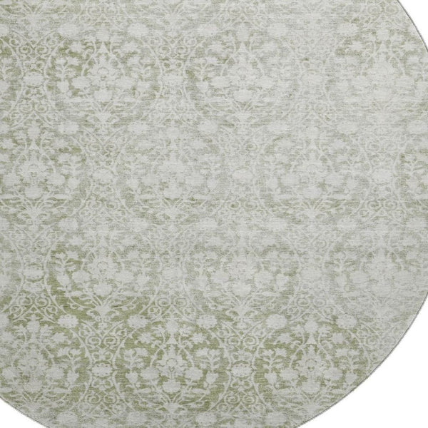 HomeRoots 8' X 8' Artichoke Green & Ivory Damask Washable Round Rug with UV Protection for Stylish Spaces 692061