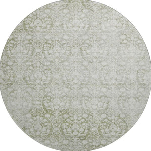 HomeRoots 8' X 8' Artichoke Green & Ivory Damask Washable Round Rug with UV Protection for Stylish Spaces 692061