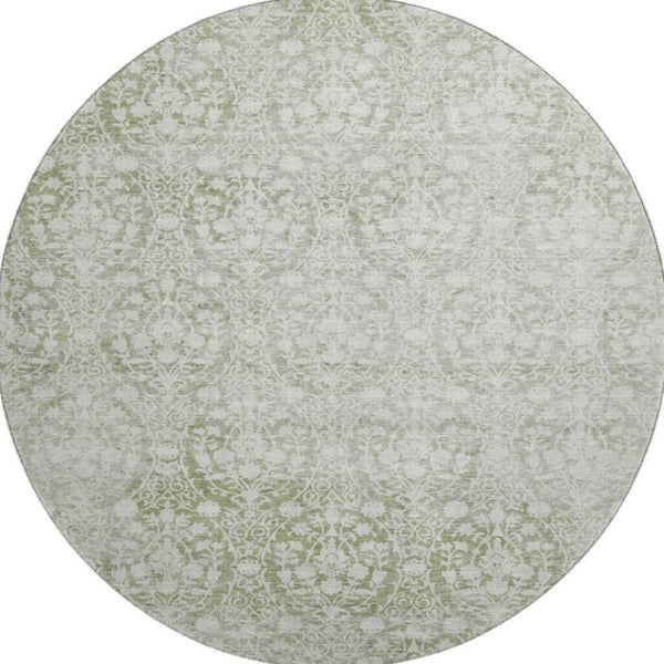 HomeRoots 8' X 8' Artichoke Green & Ivory Damask Washable Round Rug with UV Protection for Stylish Spaces 692061