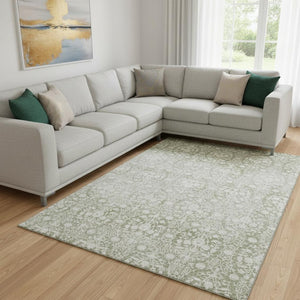 HomeRoots 8' Artichoke Green & Ivory Damask Area Rug - Durable, Washable, UV Protected, Family-Friendly Design 692062