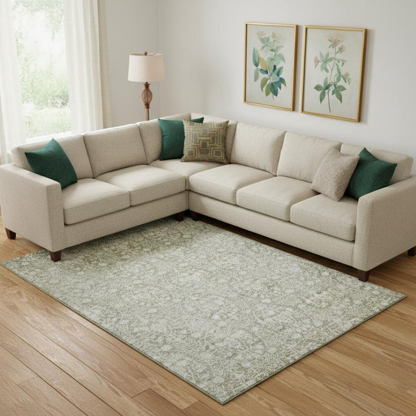 HomeRoots 9' Elegant Artichoke Green & Ivory Damask Washable Area Rug - Durable, UV Protected, Non-Slip Design 692063