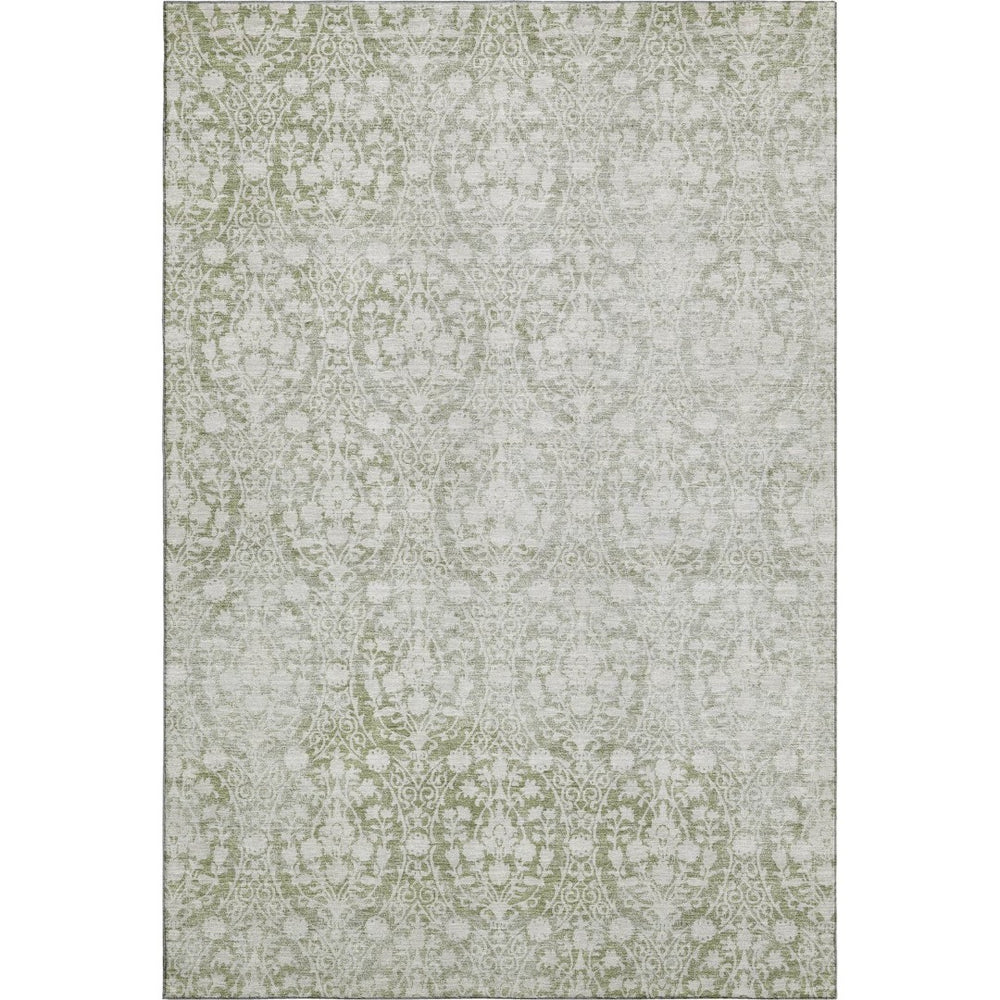 HomeRoots 9' Elegant Artichoke Green & Ivory Damask Washable Area Rug - Durable, UV Protected, Non-Slip Design 692063