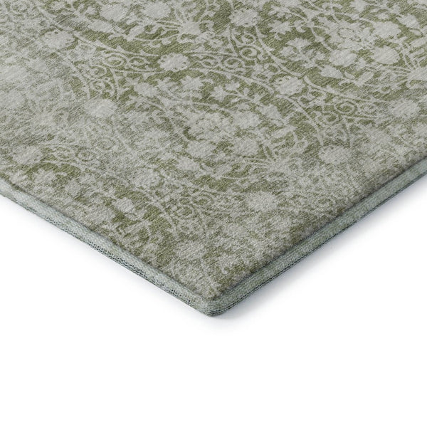 HomeRoots 9' Elegant Artichoke Green & Ivory Damask Washable Area Rug - Durable, UV Protected, Non-Slip Design 692063