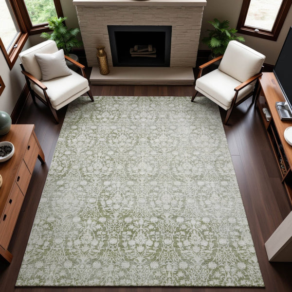 HomeRoots 9' Elegant Artichoke Green & Ivory Damask Washable Area Rug - Durable, UV Protected, Non-Slip Design 692063