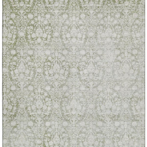HomeRoots 9' Elegant Artichoke Green & Ivory Damask Washable Area Rug - Durable, UV Protected, Non-Slip Design 692063