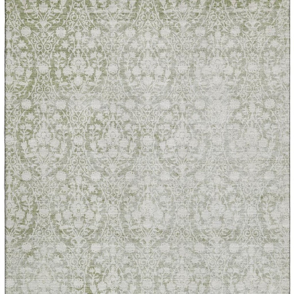 HomeRoots 9' Elegant Artichoke Green & Ivory Damask Washable Area Rug - Durable, UV Protected, Non-Slip Design 692063