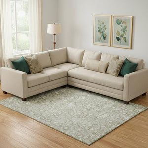 HomeRoots 10' Artichoke Green & Ivory Damask Washable Area Rug – Durable, UV-Protected, Family-Friendly Design 692064