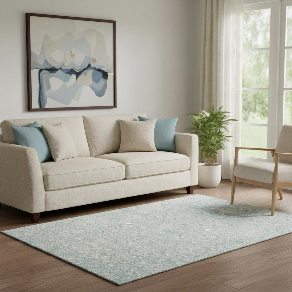 HomeRoots 5' Aqua and Ivory Damask Washable Area Rug - UV Protected, Stylish, and Durable for High-Traffic Areas 692066
