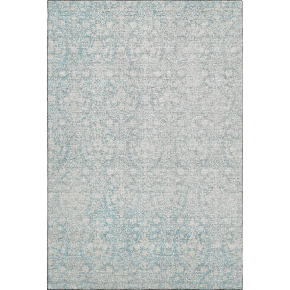 HomeRoots 5' Aqua and Ivory Damask Washable Area Rug - UV Protected, Stylish, and Durable for High-Traffic Areas 692066