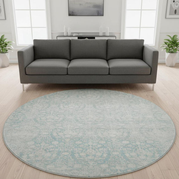 HomeRoots 8' X 8' Aqua and Ivory Damask Washable Round Rug – UV Protected, Stain-Resistant, Durable Design! 692067