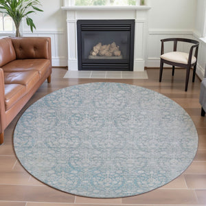 HomeRoots 8' X 8' Aqua and Ivory Damask Washable Round Rug – UV Protected, Stain-Resistant, Durable Design! 692067