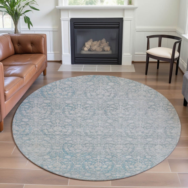 HomeRoots 8' X 8' Aqua and Ivory Damask Washable Round Rug – UV Protected, Stain-Resistant, Durable Design! 692067