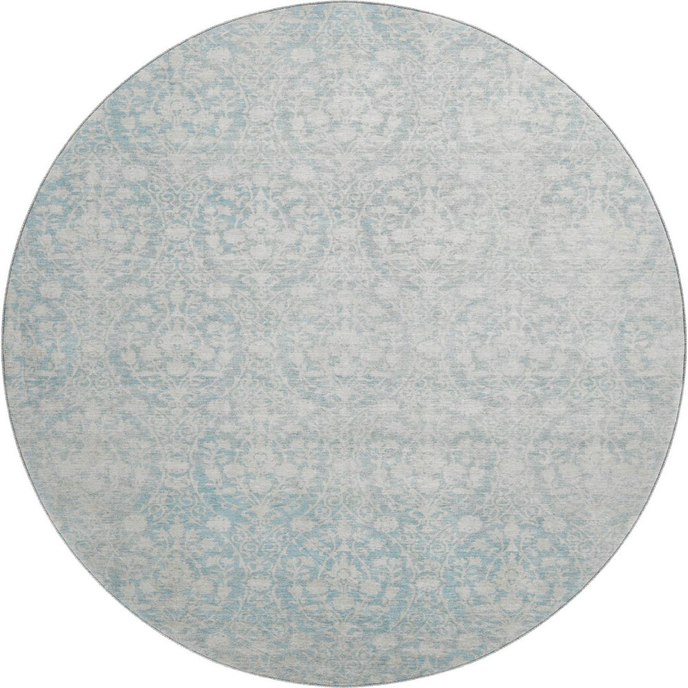 HomeRoots 8' X 8' Aqua and Ivory Damask Washable Round Rug – UV Protected, Stain-Resistant, Durable Design! 692067