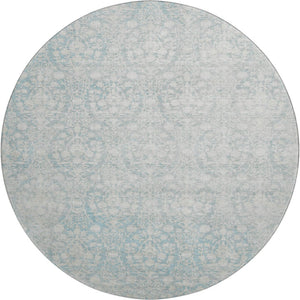 HomeRoots 8' X 8' Aqua and Ivory Damask Washable Round Rug – UV Protected, Stain-Resistant, Durable Design! 692067