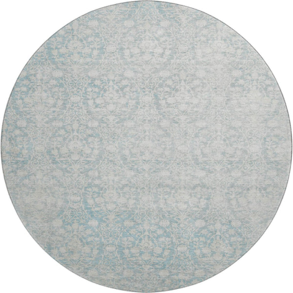 HomeRoots 8' X 8' Aqua and Ivory Damask Washable Round Rug – UV Protected, Stain-Resistant, Durable Design! 692067