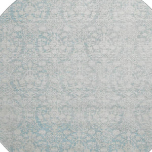 HomeRoots 8' X 8' Aqua and Ivory Damask Washable Round Rug – UV Protected, Stain-Resistant, Durable Design! 692067