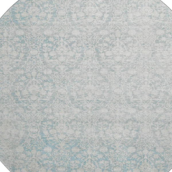 HomeRoots 8' X 8' Aqua and Ivory Damask Washable Round Rug – UV Protected, Stain-Resistant, Durable Design! 692067