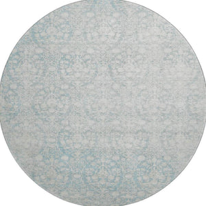 HomeRoots 8' X 8' Aqua and Ivory Damask Washable Round Rug – UV Protected, Stain-Resistant, Durable Design! 692067