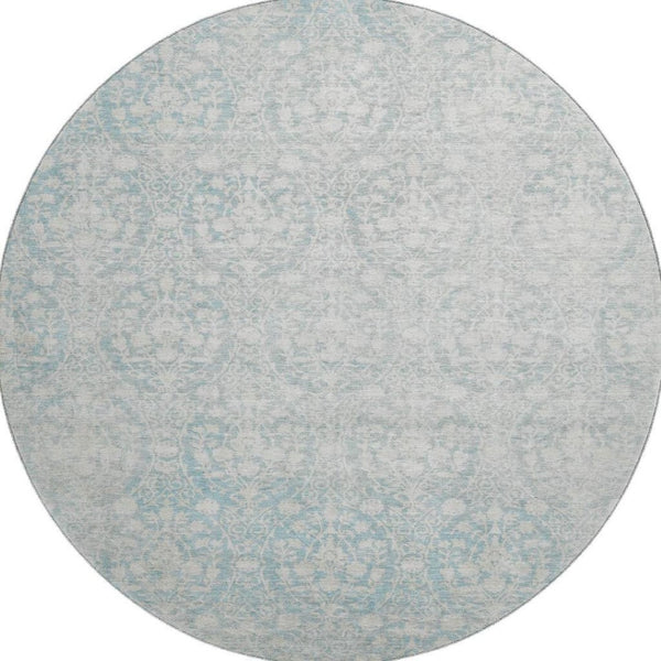 HomeRoots 8' X 8' Aqua and Ivory Damask Washable Round Rug – UV Protected, Stain-Resistant, Durable Design! 692067