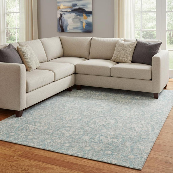 HomeRoots 8' Aqua and Ivory Damask Washable Area Rug - Durable, Stain-Resistant, Non-Slip for Busy Homes! 692068