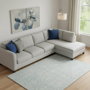 HomeRoots 9' X 12' Aqua and Ivory Damask Area Rug - Washable, UV Protected, Stain-Resistant for High-Traffic Homes 692069