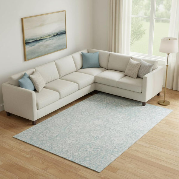 HomeRoots 10' X 14' Aqua and Ivory Damask Washable Area Rug - Stylish, Stain-Resistant, UV-Protected Design! 692070