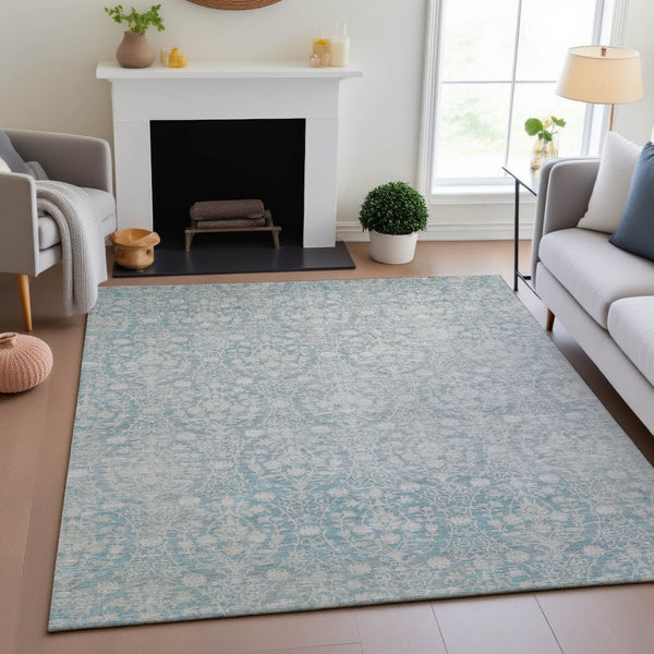 HomeRoots 10' X 14' Aqua and Ivory Damask Washable Area Rug - Stylish, Stain-Resistant, UV-Protected Design! 692070