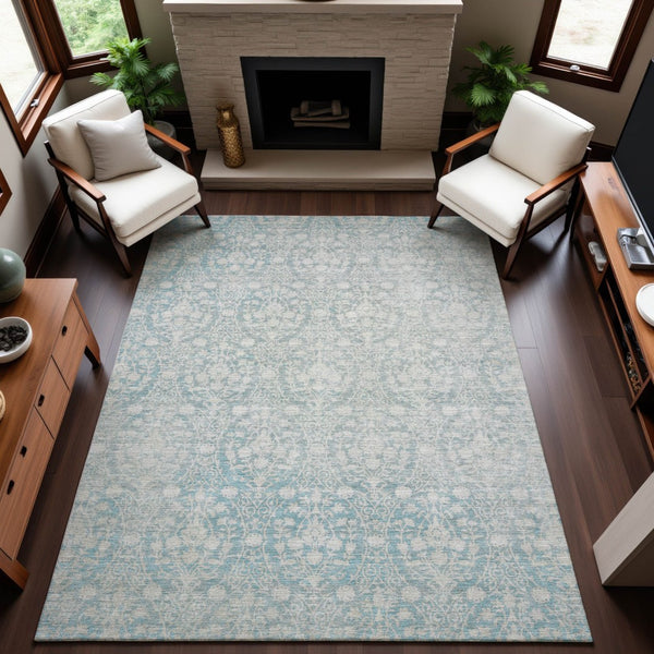 HomeRoots 10' X 14' Aqua and Ivory Damask Washable Area Rug - Stylish, Stain-Resistant, UV-Protected Design! 692070