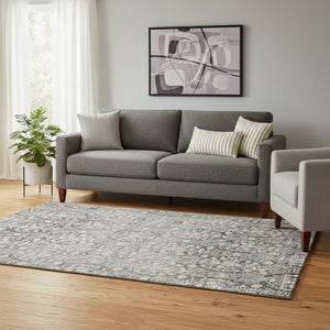 HomeRoots 5' X 8' Charcoal Ivory Damask Area Rug - Stylish, Washable, UV-Protected, Perfect for Families & Pets! 692072