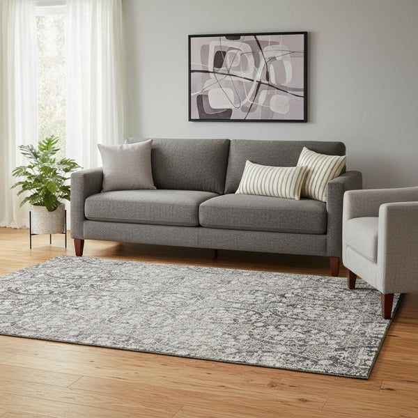 HomeRoots 5' X 8' Charcoal Ivory Damask Area Rug - Stylish, Washable, UV-Protected, Perfect for Families & Pets! 692072