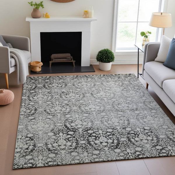 HomeRoots 5' X 8' Charcoal Ivory Damask Area Rug - Stylish, Washable, UV-Protected, Perfect for Families & Pets! 692072