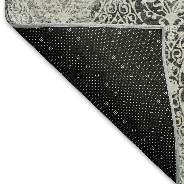 HomeRoots 5' X 8' Charcoal Ivory Damask Area Rug - Stylish, Washable, UV-Protected, Perfect for Families & Pets! 692072