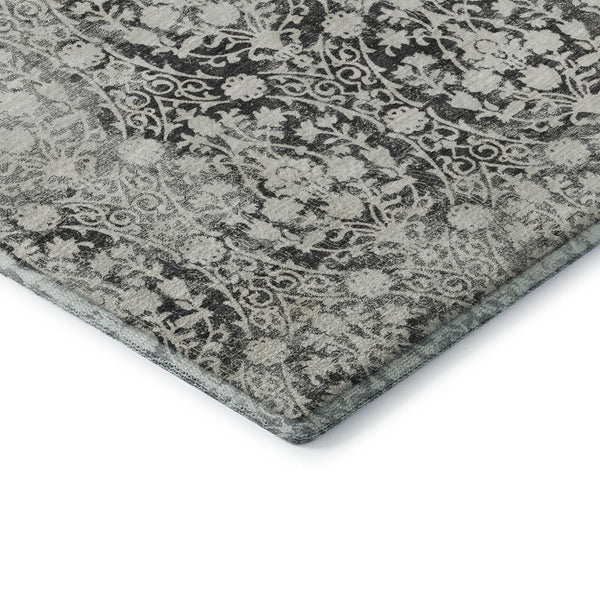 HomeRoots 5' X 8' Charcoal Ivory Damask Area Rug - Stylish, Washable, UV-Protected, Perfect for Families & Pets! 692072