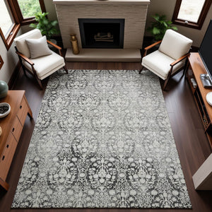 HomeRoots 5' X 8' Charcoal Ivory Damask Area Rug - Stylish, Washable, UV-Protected, Perfect for Families & Pets! 692072