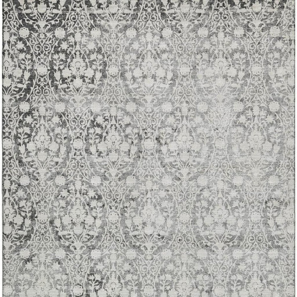 HomeRoots 5' X 8' Charcoal Ivory Damask Area Rug - Stylish, Washable, UV-Protected, Perfect for Families & Pets! 692072