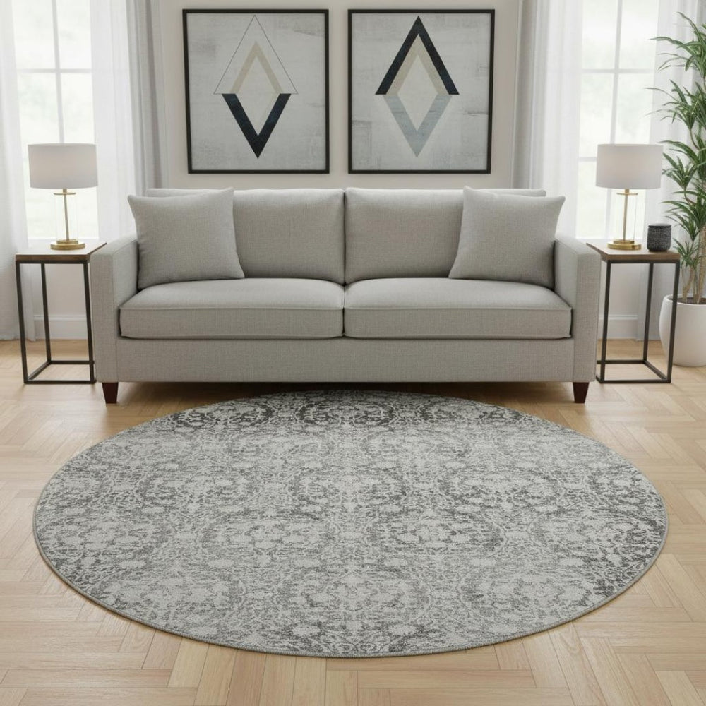 HomeRoots 8' X 8' Charcoal & Ivory Damask Washable Round Rug – Durable, UV-Protected, Easy-Care Beauty for Homes 692073