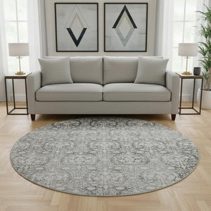 HomeRoots 8' X 8' Charcoal & Ivory Damask Washable Round Rug – Durable, UV-Protected, Easy-Care Beauty for Homes 692073