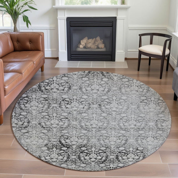 HomeRoots 8' X 8' Charcoal & Ivory Damask Washable Round Rug – Durable, UV-Protected, Easy-Care Beauty for Homes 692073