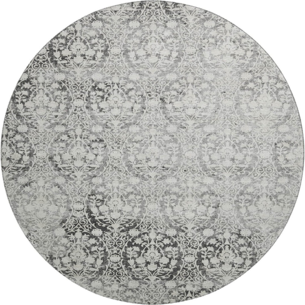 HomeRoots 8' X 8' Charcoal & Ivory Damask Washable Round Rug – Durable, UV-Protected, Easy-Care Beauty for Homes 692073