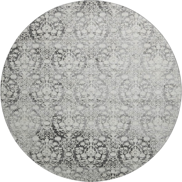 HomeRoots 8' X 8' Charcoal & Ivory Damask Washable Round Rug – Durable, UV-Protected, Easy-Care Beauty for Homes 692073