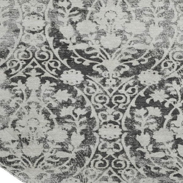HomeRoots 8' X 8' Charcoal & Ivory Damask Washable Round Rug – Durable, UV-Protected, Easy-Care Beauty for Homes 692073