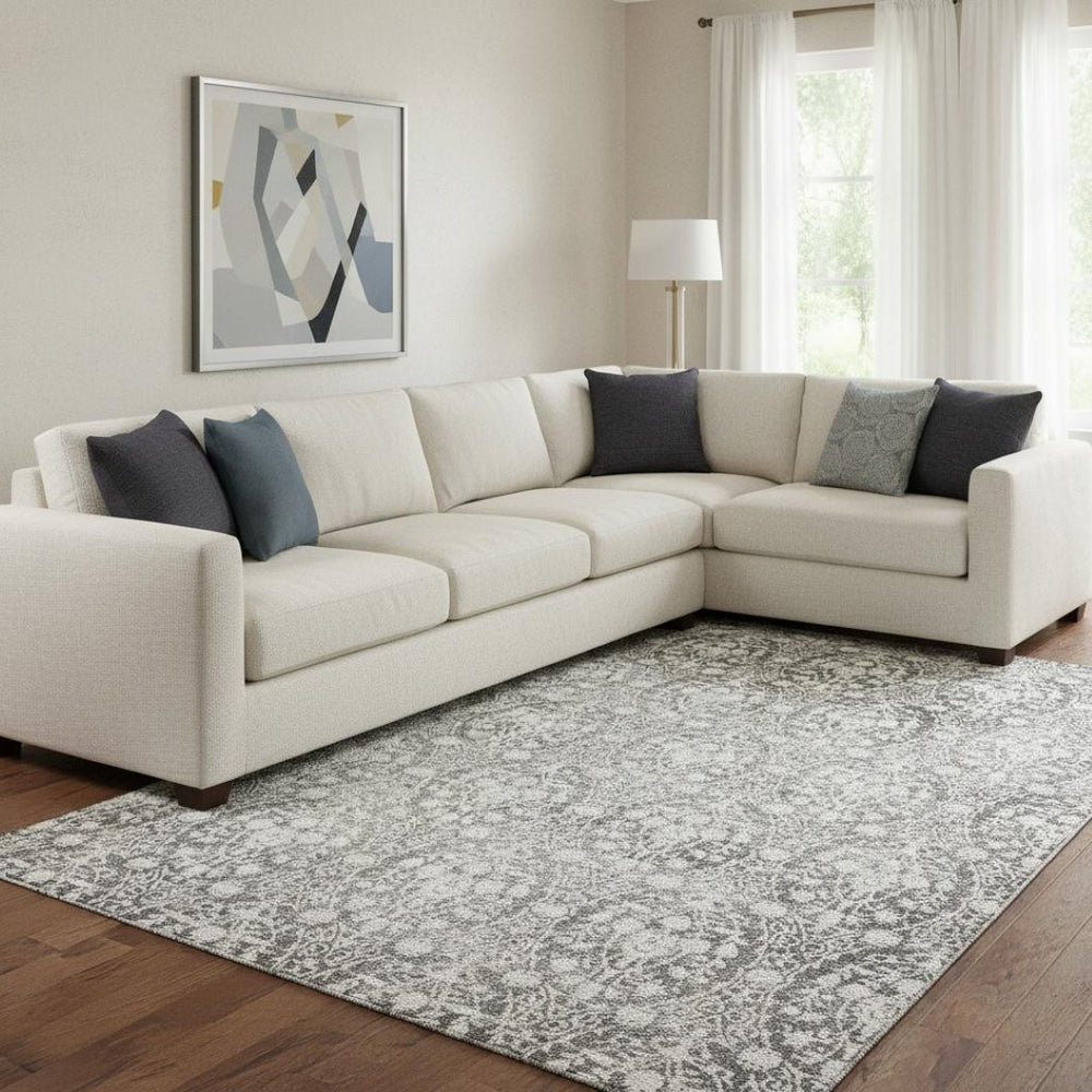 HomeRoots 8' Charcoal and Ivory Damask Area Rug - Washable, UV-Protected, Stylish & Kid-Friendly Home Decor 692074