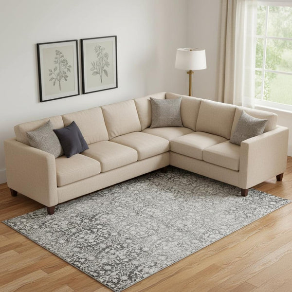 HomeRoots 9' X 12' Charcoal Ivory Damask Washable Area Rug - Durable, UV Protected, Ideal for Busy Homes 692075